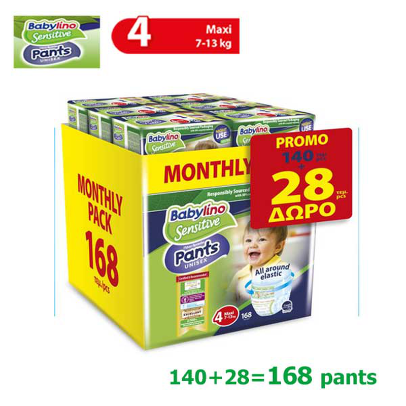 Babylino sensitive pants unisex monthly pack maxi no4 7-13kg 140 + 28 &tau;&mu;&chi; &delta;ώ&rho;&omicron;-null