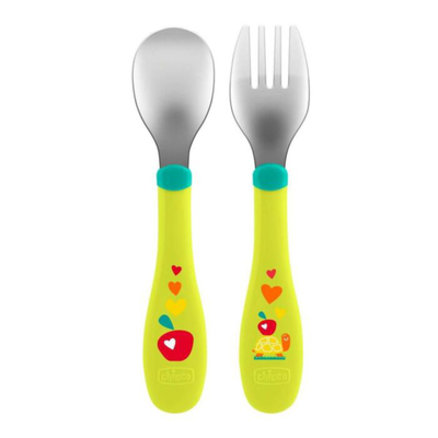 Chicco metal fork-spoon set green 18m+, , medium