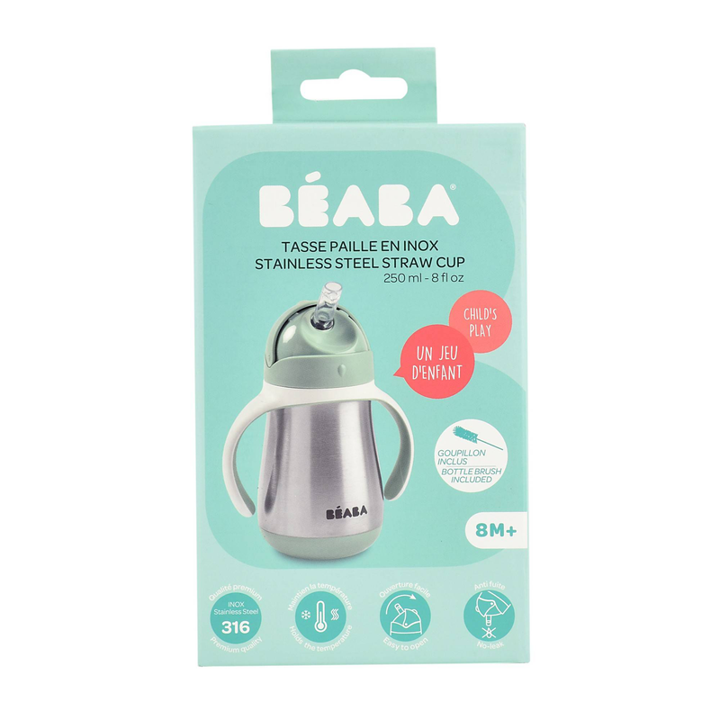 Beaba stainless steel cup straw 250ml - sage green, , medium-null