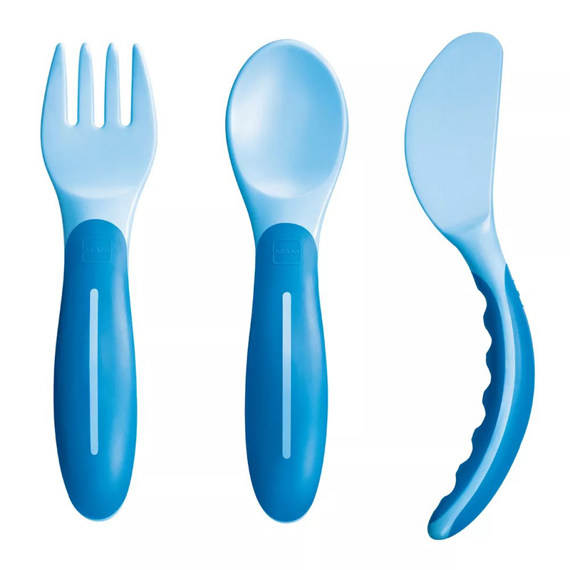 Mam baby's cutlery knife - fork - spoon blue - fully functional - learn to eat, , medium-null