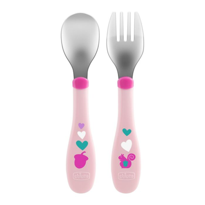 Chicco metal fork-spoon set pink 18m+, , medium