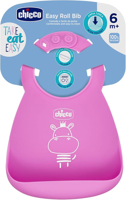 Chicco easy roll silicone bib pink 6m+, , medium-null