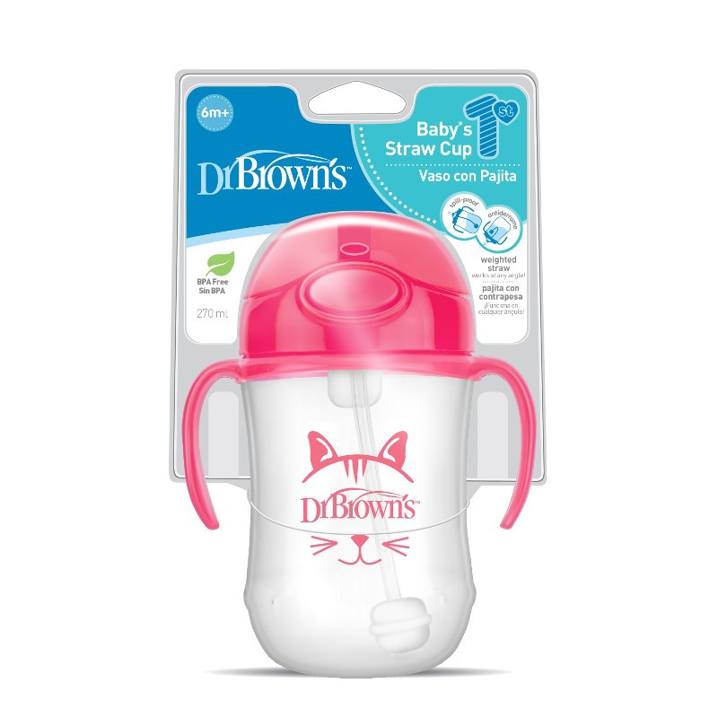 Dr. Browns pink babys 1st w/ handles straw 270ml cup 6m+, , medium-null