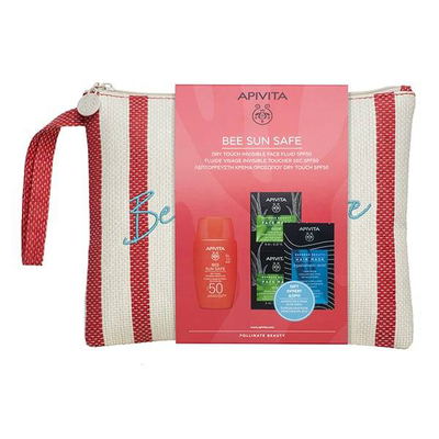 Apivita bee sun safe dry touch invisible face fluid SPF50 + aloe face mask + hyaluronic acid hair mask with beach hand bag gift