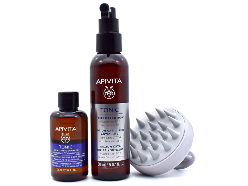 Apivita hair loss lotion 150ml + men's tonic shampoo 75ml + scalp massager gift set, , medium image number null