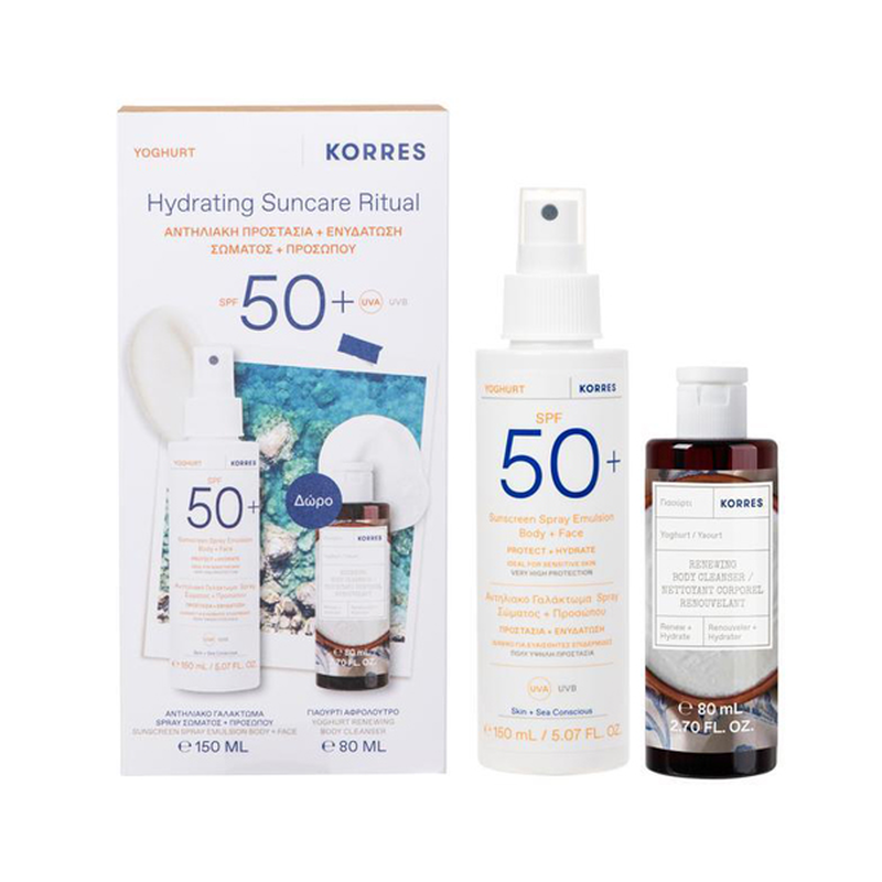 Korres set με yoghurt αντηλιακό γαλάκτωμα σπρέι σώματος, προσώπου SPF50+ 150 ml και δώρο yoghurt αφρόλουτρο 80 ml, , medium-null