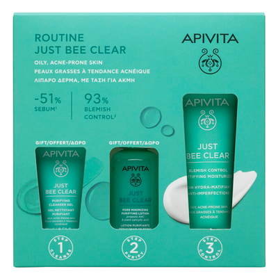 Apivita just bee clear set &mu;&epsilon; &kappa;&rho;έ&mu;&alpha;-gel &kappa;&alpha;&tau;ά &tau;&omega;&nu; &alpha;&tau;&epsilon;&lambda;&epsilon;&iota;ώ&nu; 40 ml &kappa;&alpha;&iota; &delta;ώ&rho;&omicron; &lambda;&omicron;&sigma;&iota;ό&nu; &sigma;ύ&sigma;&phi;&iota;&gamma;&xi;&eta;&sigmaf; &pi;ό&rho;&omega;&nu; 50ml &kappa;&alpha;&iota; gel &kappa;&alpha;&theta;&alpha;&rho;&iota;&sigma;&mu;&omicron;ύ 15 ml, , medium