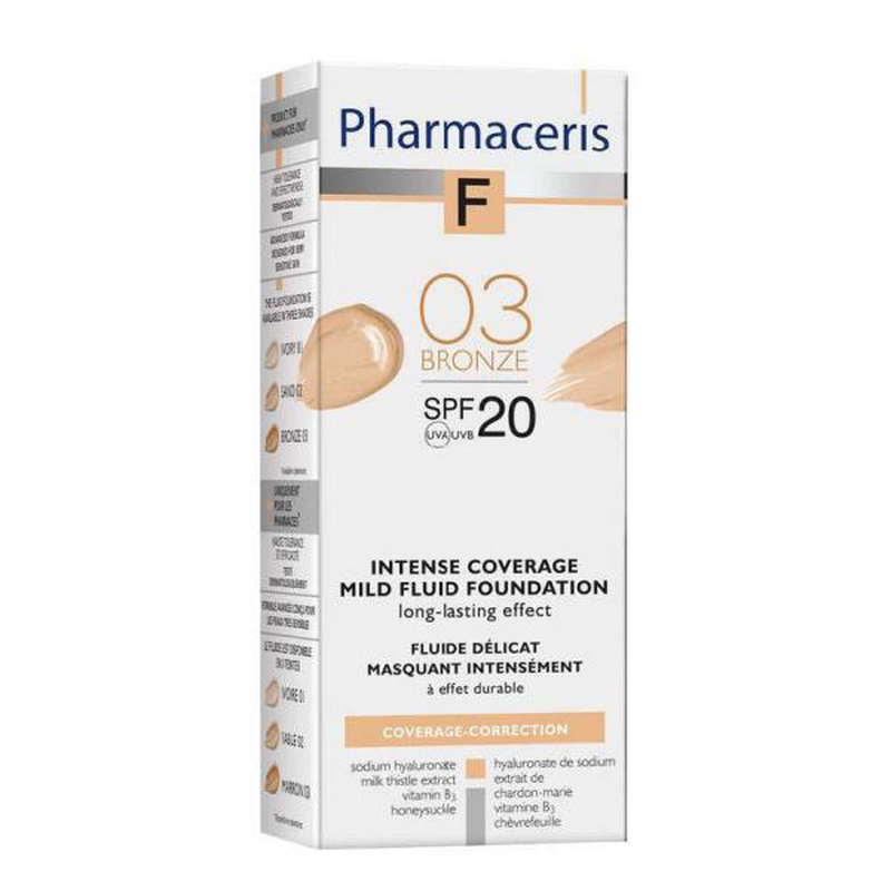 Pharmaceris mild fluid foundation, SPF20 intense coverage – 03 bronze, , medium-null