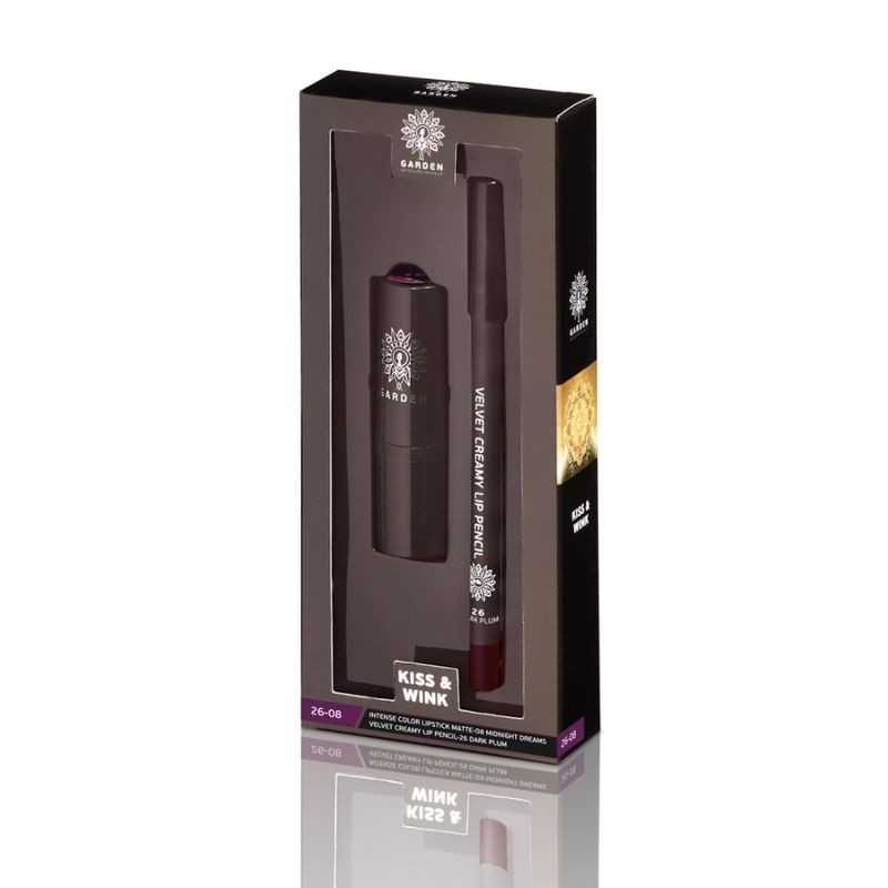 Garden | kiss & wink set intense color lipstick matte 08 midnight dreams 4.5G & velvet creamy lip pencil 26 dark plum, , medium-null
