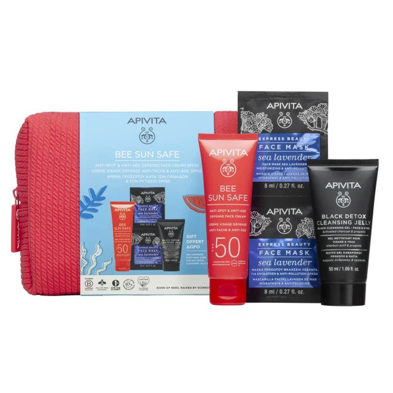Apivita bee sun safe anti-spot & anti-age defense face cream SPF50 50ml & black detox cleansing gel 50ml & express beauty sea lavendere face mask & pouch, , medium image number null
