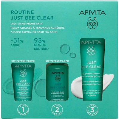 Apivita promo set routine just bee clear - just bee clear blemish control mattifying moisturizer 40ml & free just bee clear pore minimizing purifying lotion 50ml & purifying cleanser gel 15ml, , medium