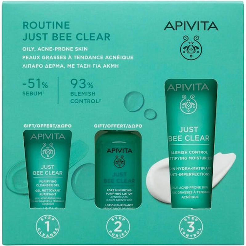 Apivita promo set routine just bee clear - just bee clear blemish control mattifying moisturizer 40ml & free just bee clear pore minimizing purifying lotion 50ml & purifying cleanser gel 15ml-null