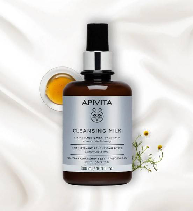 Apivita cleansing milk 3 in 1 for face & eyes with chamomile & honey x 300ml image number null