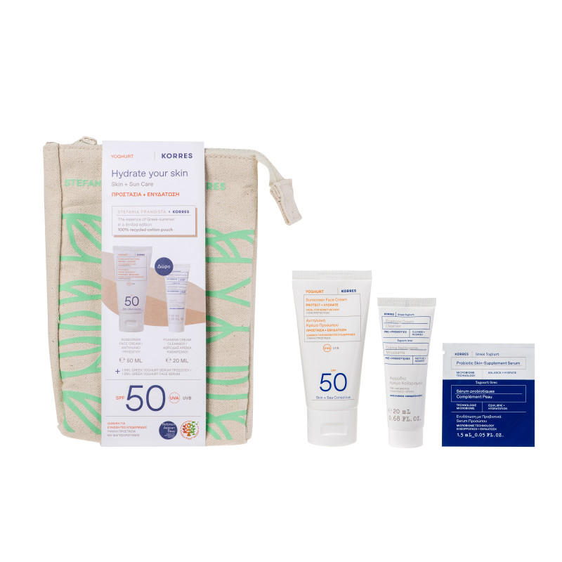 Product image: Korres yoghurt sunscreen SPF50 50ml + foaming foaming cleansing cream 20ml + greek yogurt hydration with probiotics face serum 1.5 ml pouch-null