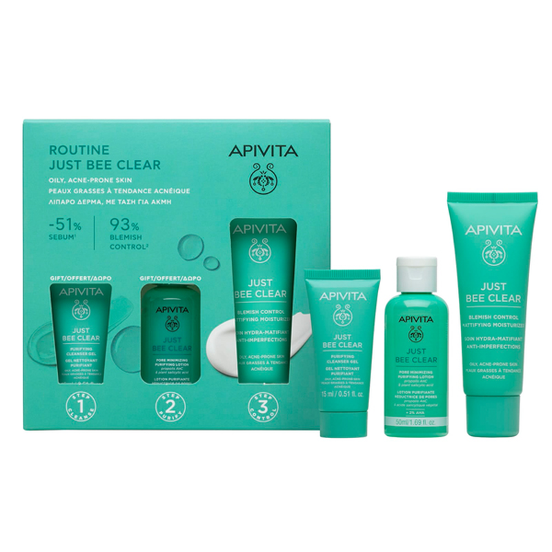 Apivita promo set routine just bee clear - just bee clear blemish control mattifying moisturizer 40ml & free just bee clear pore minimizing purifying lotion 50ml & purifying cleanser gel 15ml-null