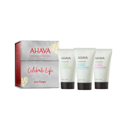 Ahava celebrate life love triangle mineral hand cream 40ml + body lotion 40ml + shower gel 40ml gift set, , medium