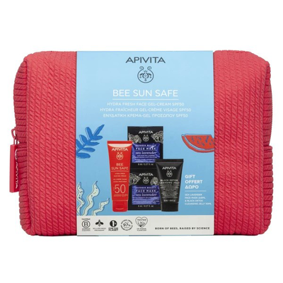 Apivita bee sun safe hydra fresh face gel cream SPF50 50ml & black cleansing gel 50ml & face mask sea lavender & promo pouch