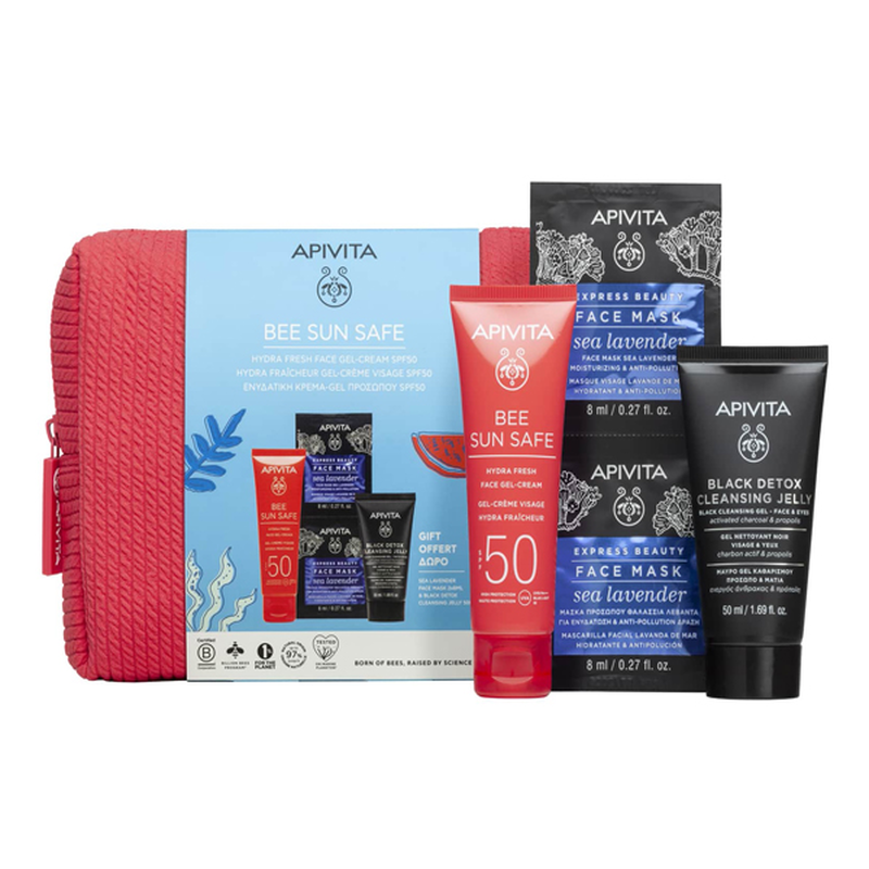 Apivita bee sun safe set &mu;&epsilon; &alpha;&nu;&tau;&eta;&lambda;&iota;&alpha;&kappa;ή &epsilon;&nu;&upsilon;&delta;&alpha;&tau;&iota;&kappa;ή &kappa;&rho;έ&mu;&alpha; &tau;&zeta;&epsilon;&lambda; &pi;&rho;&omicron;&sigma;ώ&pi;&omicron;&upsilon; SPF50 50 ml &kappa;&alpha;&iota; &delta;ώ&rho;&omicron; &mu;ά&sigma;&kappa;&alpha; &pi;&rho;&omicron;&sigma;ώ&pi;&omicron;&upsilon; 2 x 8 ml &kappa;&alpha;&iota; black detox cleansing gel 50 ml-null