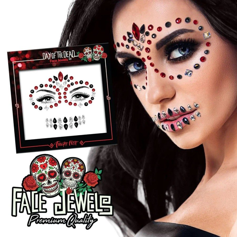 Fright fest face jewels day of the dead stick on gems, , medium-null