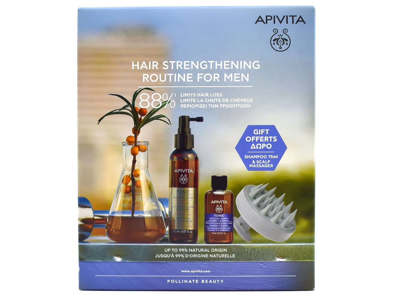 Apivita hair loss lotion 150ml + men's tonic shampoo 75ml + scalp massager gift set, , medium image number null
