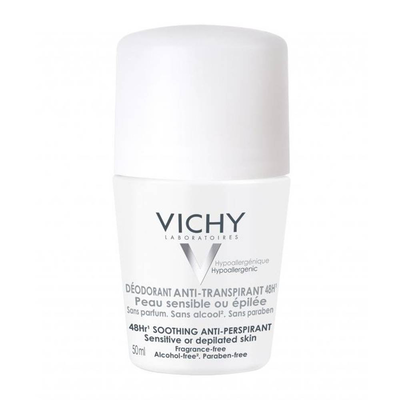 Vichy deodorant soothing antiperspirant 48hours roll on for sensitive or depilated skin. Fragrance free 50ml