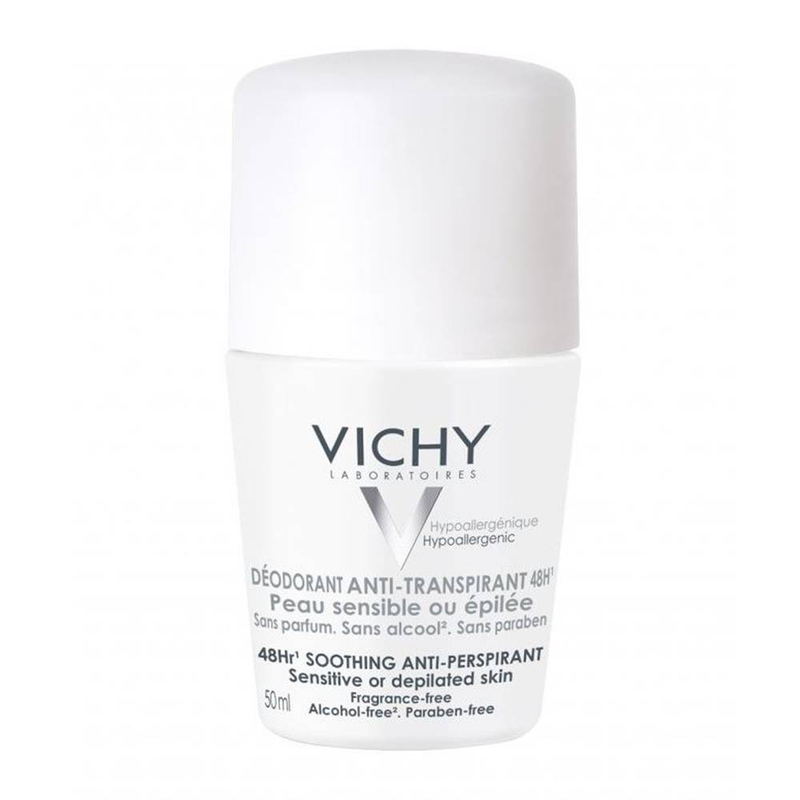 Vichy deodorant soothing antiperspirant 48hours roll on for sensitive or depilated skin. Fragrance free 50ml image number null