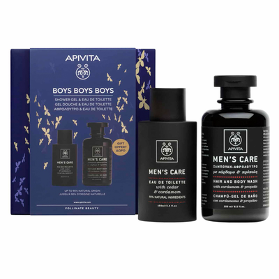 Apivita boys boys boys men's care set eau de toilette cedar and cardamon 100 ml & gift hair and body wash 250 ml, , medium