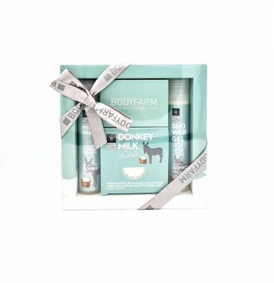 Bodyfarm mini donkey milk shower gel 50ml + mini shampoo 50ml + bar soap 150gr gift set, , medium