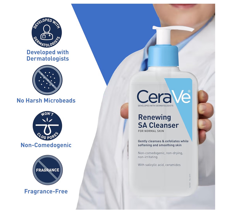 Cerave renewing salicylic acid cleanser, formulated with hyaluronic acid, niacinamide, & ceramides, Gentle bha exfoliating face wash smooths & softens skin, non comedogenic & fragrance free, 16 ounce-null