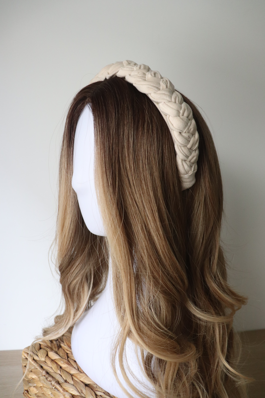 Almond braided velvet headband, , medium-null