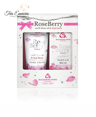 Gift set rose berry, hand cream 75 ml and perfume roll-on 9 ml, bulgarian rose, , medium