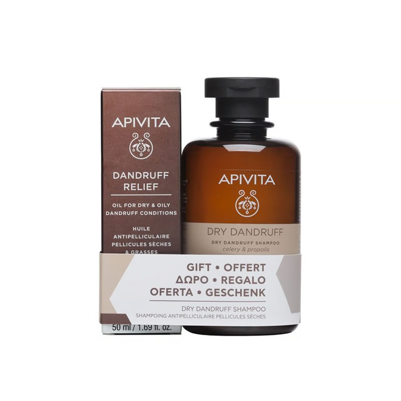 Apivita dandruff relief oil x 50ml + dry dandruff shampoo x 250ml gift set / offer-null
