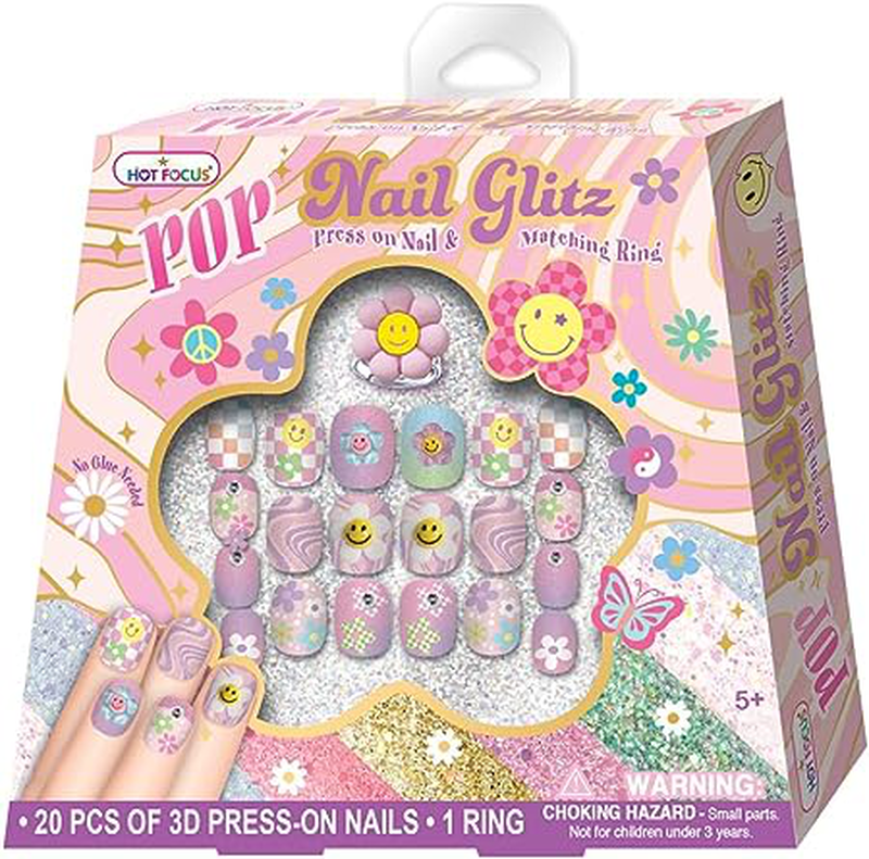 Hot focus pop nail glitz set of 20pcs 3d press-on nails + 1 ring 5y+ 032gf, , medium-null