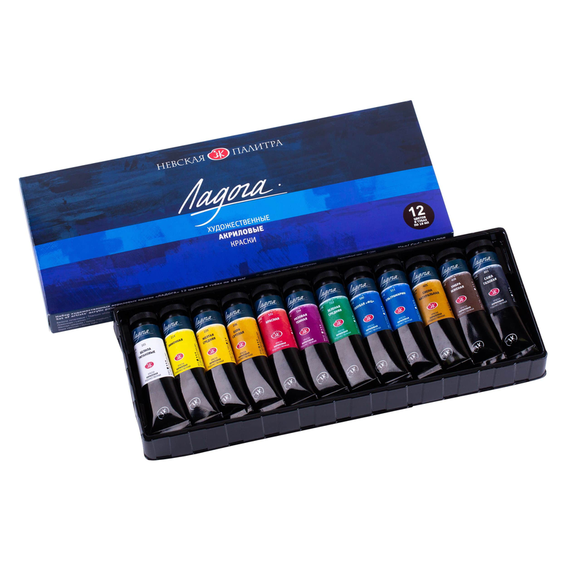 Acrylic artists’ col, set “ladoga”12 col.in 18 ml tubes, cardboard box, , medium-null