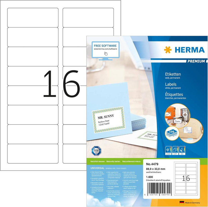 Herma premium address labels a4, 88,9 x 33,8 mm, white, permanent adhesion / 1600 labels / 100 sheets, , medium-null
