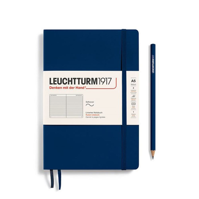 Notebook medium (a5), softcover, 123 numbered pages, navy, ruled