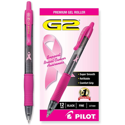 Pilot g2 premium pink ribbon retractable gel roller ball pen, fine point, black ink
