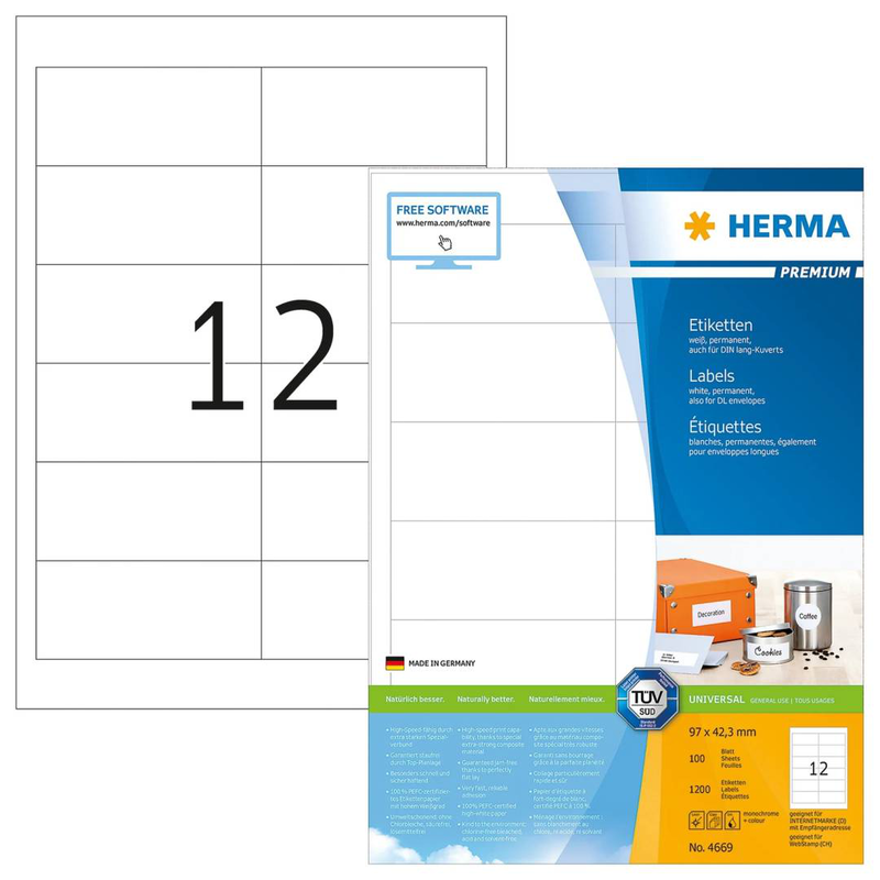 Herma premium labels a4, 97 x 42,3 mm, white, permanent adhesion /1200 labels / 100 sheets, , medium-null