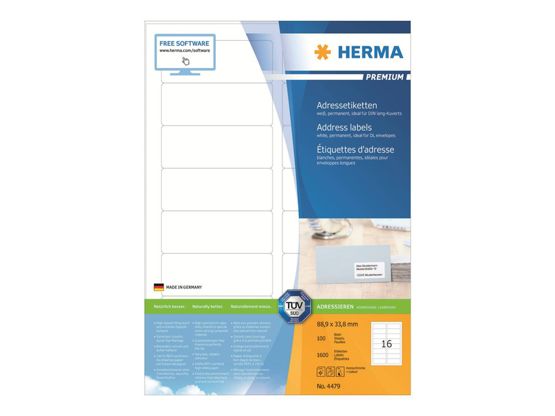 Herma premium address labels a4, 88,9 x 33,8 mm, white, permanent adhesion / 1600 labels / 100 sheets, , medium-null