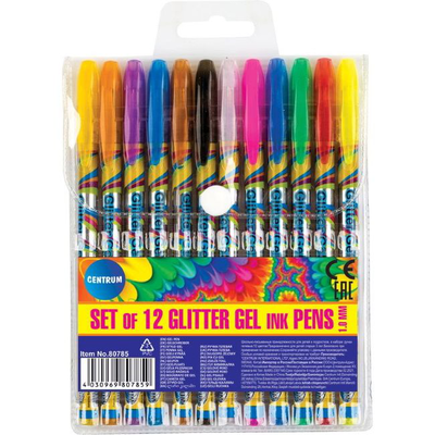 Set of 12 colours gel pens 1.0mm glitter (refillable), , medium