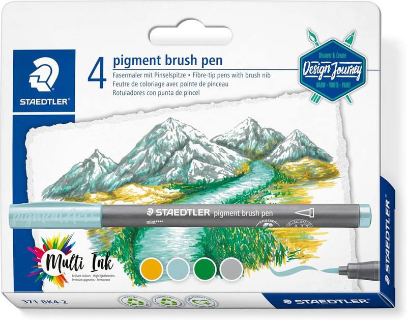 Staedtler pigment brush pen design journey, pigmented premium drawing ink, brush tip for variable line width, waterproof, 4 brush pens in matching colours lake colours,, , medium-null