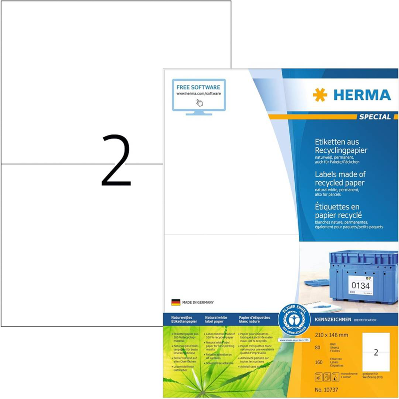 Herma labels made of recycled paper a4, 210 x 148 mm, white, permanent adhesion / 160 labels / 80 sheets, , medium-null