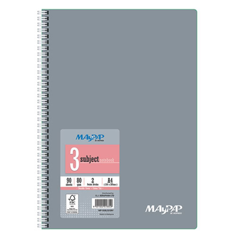 Maypap subject exercise books 3 subjects grey, , medium-null