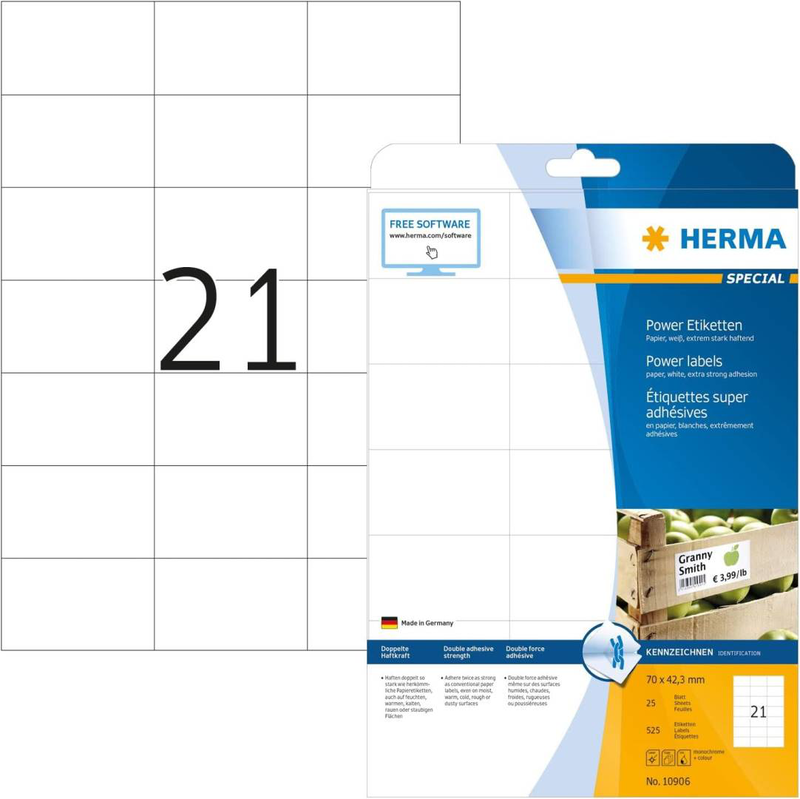 Herma power labels, with strong adhesion a4, 70 x 42,3 mm, made of paper / 525 labels / 25 sheets, , medium-null