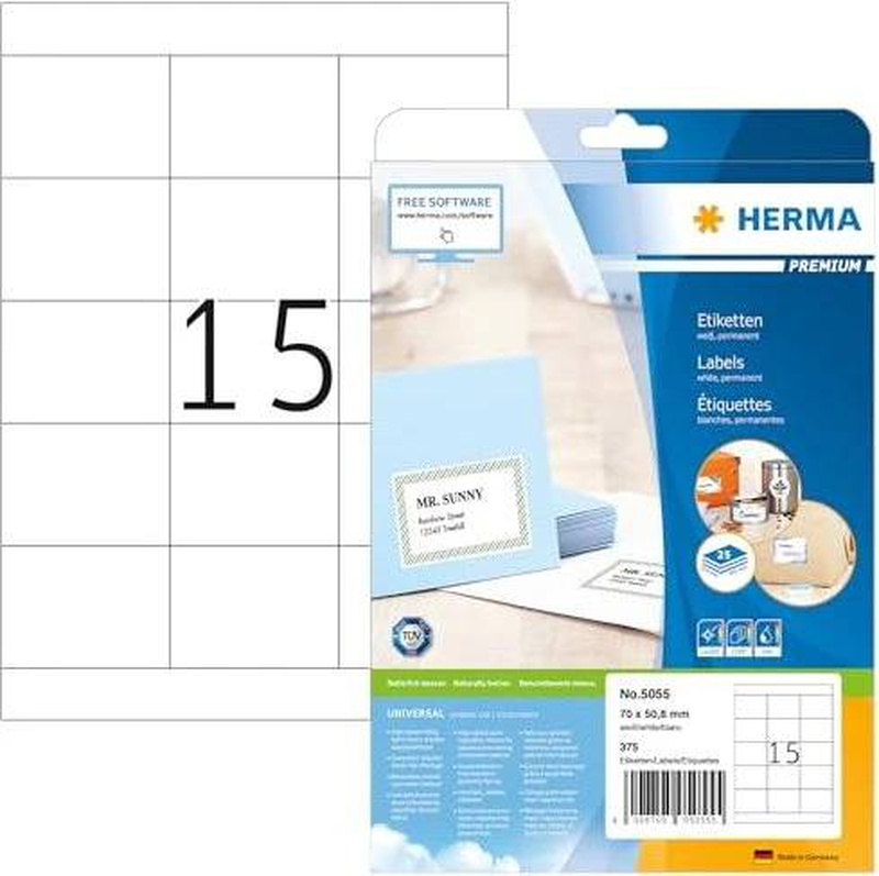 Herma premium labels a4, 70 x 50,8 mm, white, permanent adhesion / 375 labels / 25 sheets, , medium-null