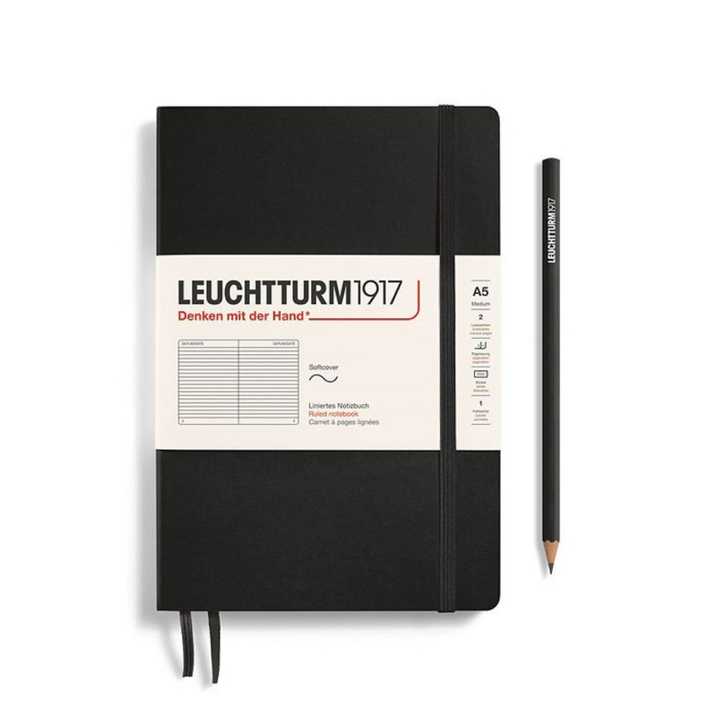 Notebook medium (a5), softcover, 123 numbered pages, black, ruled, , medium image number null