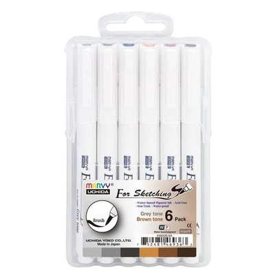 Set of 6 marvy for drawing brush pens broen tones, , medium