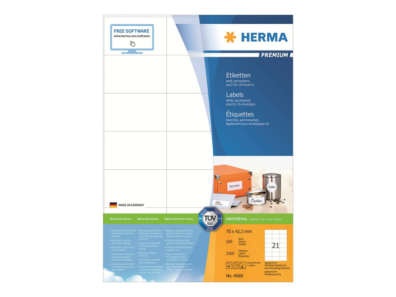 Herma premium labels a4, 70 x 42,3 mm, white, permanent adhesion / 2100 labels / 100 sheets, , medium-null