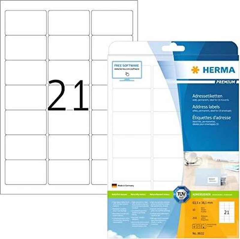 Herma premium address labels a4, 63,5 x 38,1 mm, white, permanent adhesion / 210 labels / 10 sheets, , medium-null