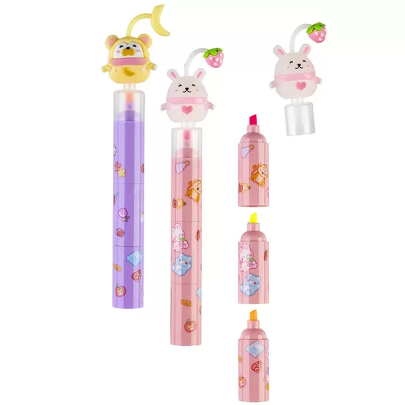 Highlighter 3 in1 "cute animals"(colors:pink,yellow,orange) chisel tip 1-5mm, , medium-null